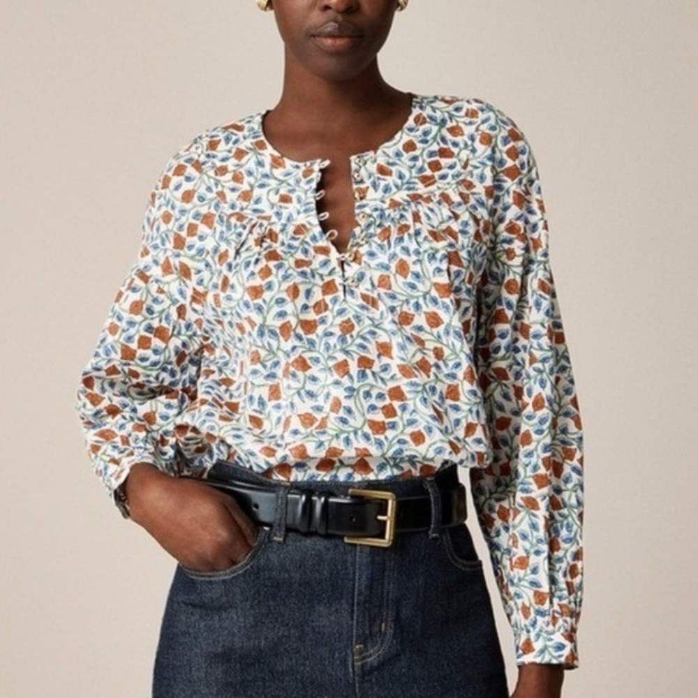 J. Crew Shirred Popover Top Cottagecore Floral Cotton Blouse NWT Flaw* Size L